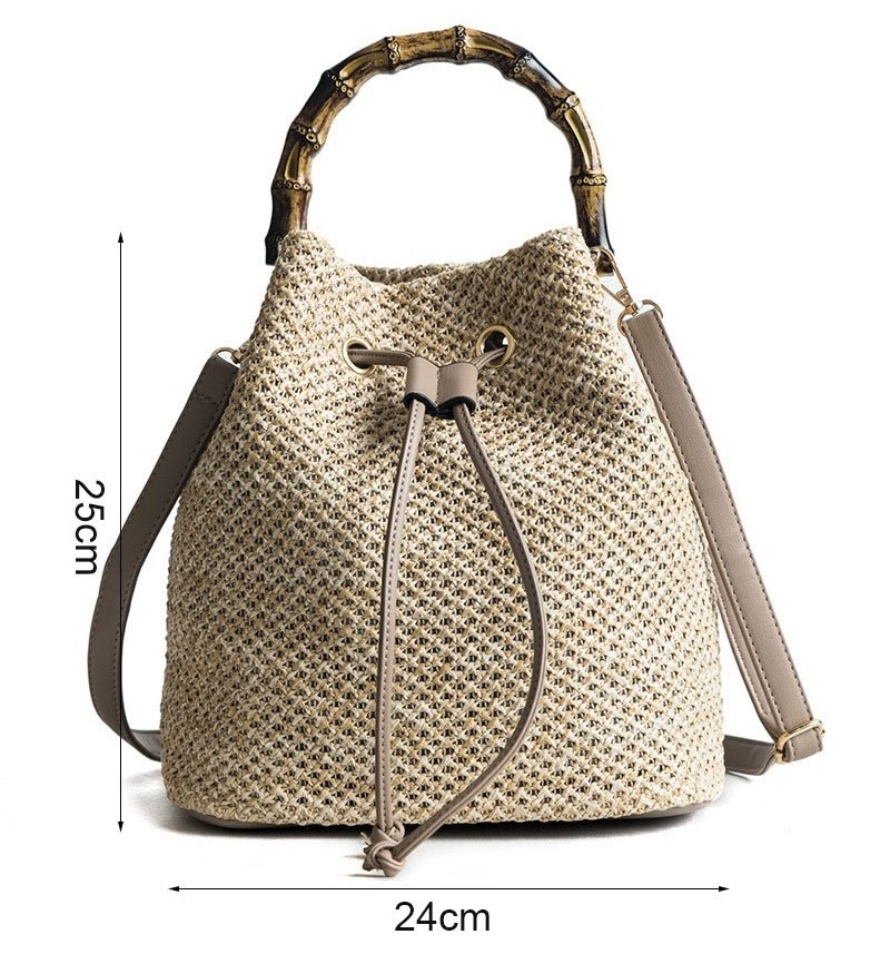 2024 Fashion Summer Handmade Crochet Straw Bucket Bag Beach Crossbody Bag Women Straw Bag With Bamboo Handle