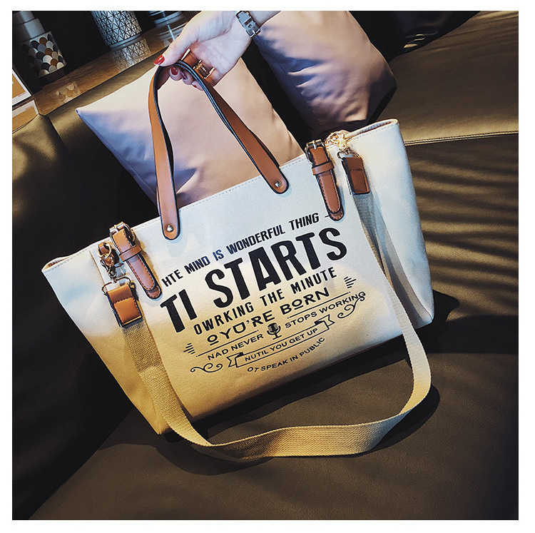 PU Leather Handle Letter Print Long Polyester Strap Canvas Bags Women Shopping Lady Handbags Shoulder Bags customised tote bags