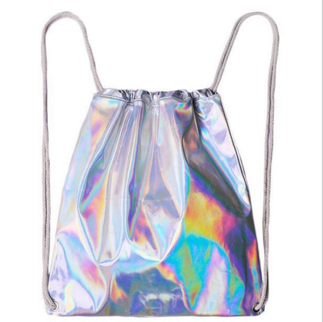 Laser PU Drawstring Bag Silver Holographic Backpack Hologram Sport Backpack