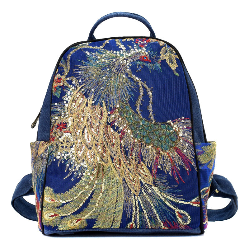 National Ethnic Style Anti-theft Handmade Embroidery Sequin Peacock Design Large Capacity Multiple Pockets Women Canvas Backpack