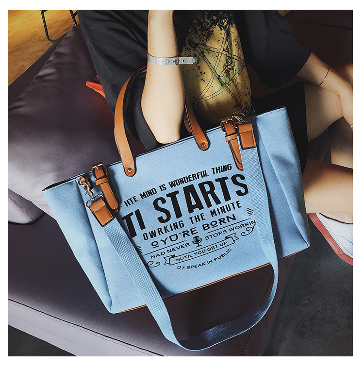 PU Leather Handle Letter Print Long Polyester Strap Canvas Bags Women Shopping Lady Handbags Shoulder Bags customised tote bags