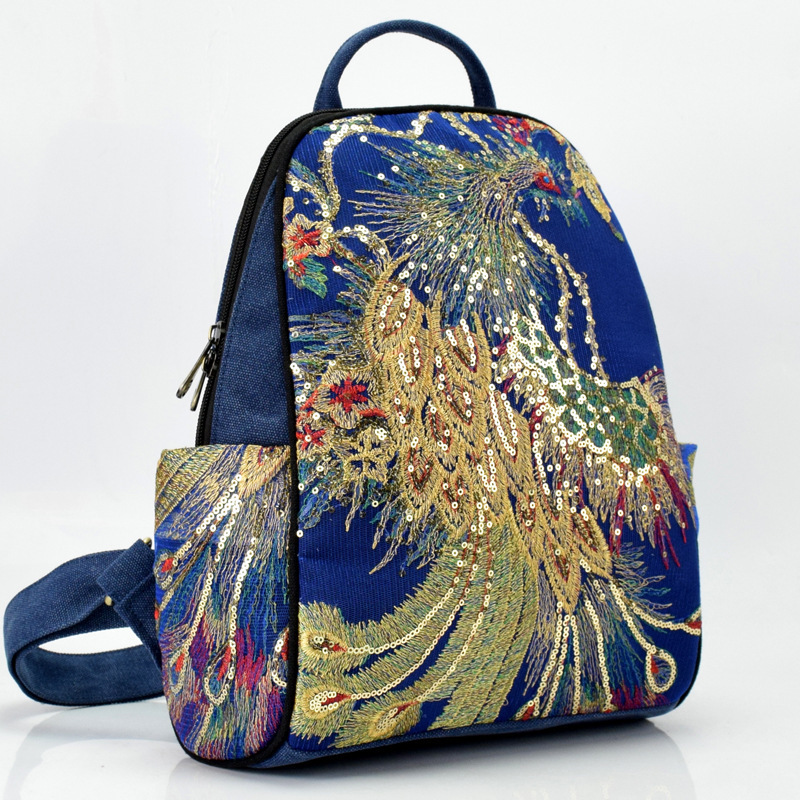 National Ethnic Style Anti-theft Handmade Embroidery Sequin Peacock Design Large Capacity Multiple Pockets Women Canvas Backpack