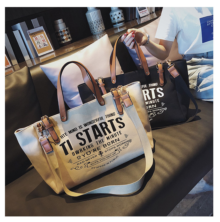 PU Leather Handle Letter Print Long Polyester Strap Canvas Bags Women Shopping Lady Handbags Shoulder Bags customised tote bags