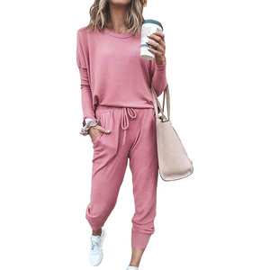 Hotsale Women's Solid Two Piece Outfit Long Sleeve Loungewear, Crewneck Pullover Tops And Long Pants Sweatsuits Tracksuits