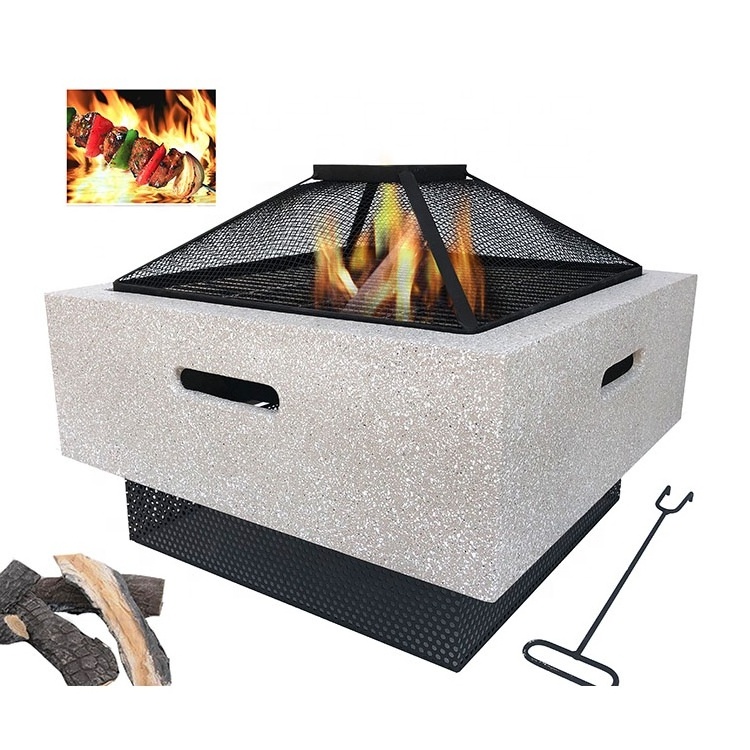 Modern Outdoor Square Fire Pit MGO Garden Stove Brazier For BBQ, Heating, Cooling Drinks With Mesh Cover & Poker