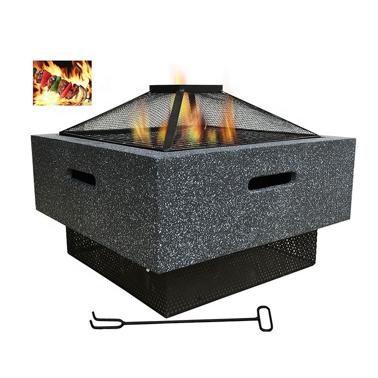 Modern Outdoor Square Fire Pit MGO Garden Stove Brazier For BBQ, Heating, Cooling Drinks With Mesh Cover & Poker