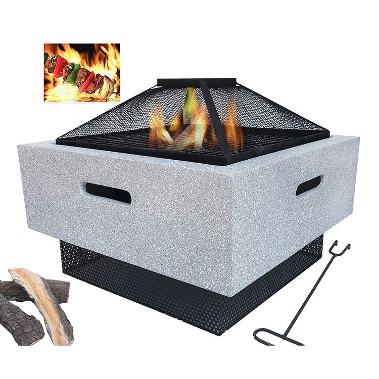 Modern Outdoor Square Fire Pit MGO Garden Stove Brazier For BBQ, Heating, Cooling Drinks With Mesh Cover & Poker