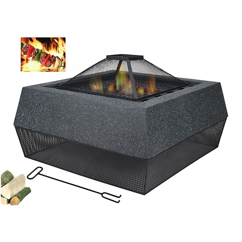 Large Rectangle MGO Fire Pit Garden BBQ Grill Fire Bowl Square Fire Pit Metal Mesh Stand Fireplace Cooking Grill Charcoal BBQ