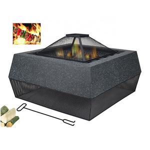 Large Rectangle MGO Fire Pit Garden BBQ Grill Fire Bowl Square Fire Pit Metal Mesh Stand Fireplace Cooking Grill Charcoal BBQ