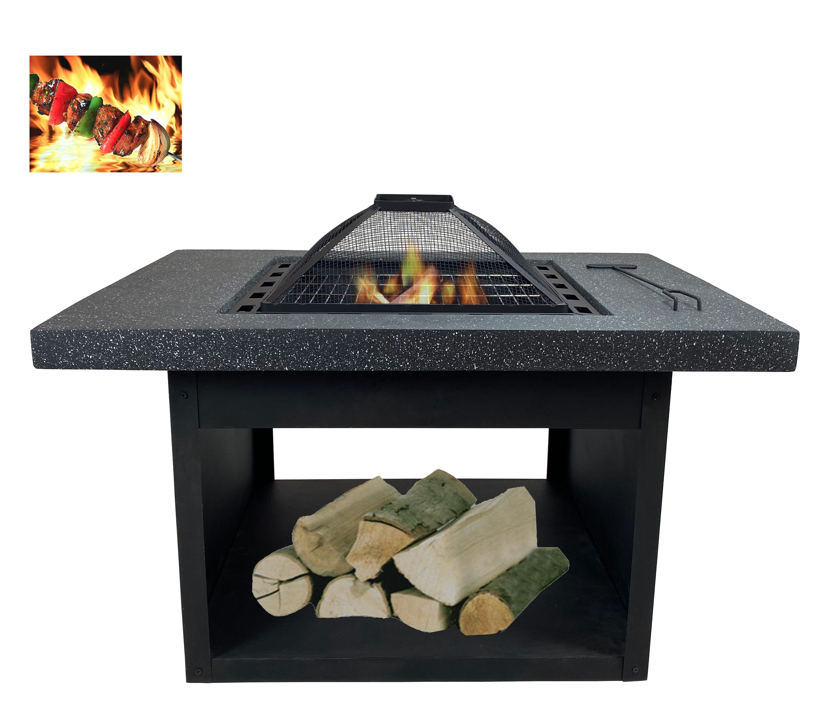 Home Garden Traditional Wood Fireplace Outdoors Patio Grill Square Table Firepit with BBQ Portable MGO and Steel Fire Pit