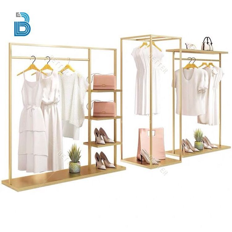 Gold metal clothing rack clothing shelf for clothing store display rack wholesale