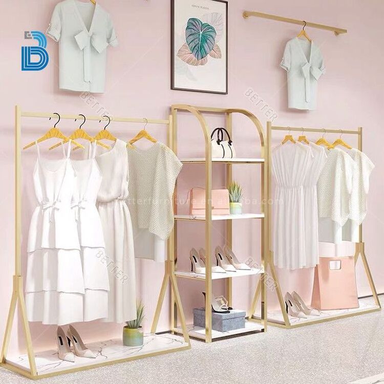 Gold metal clothing rack clothing shelf for clothing store display rack wholesale