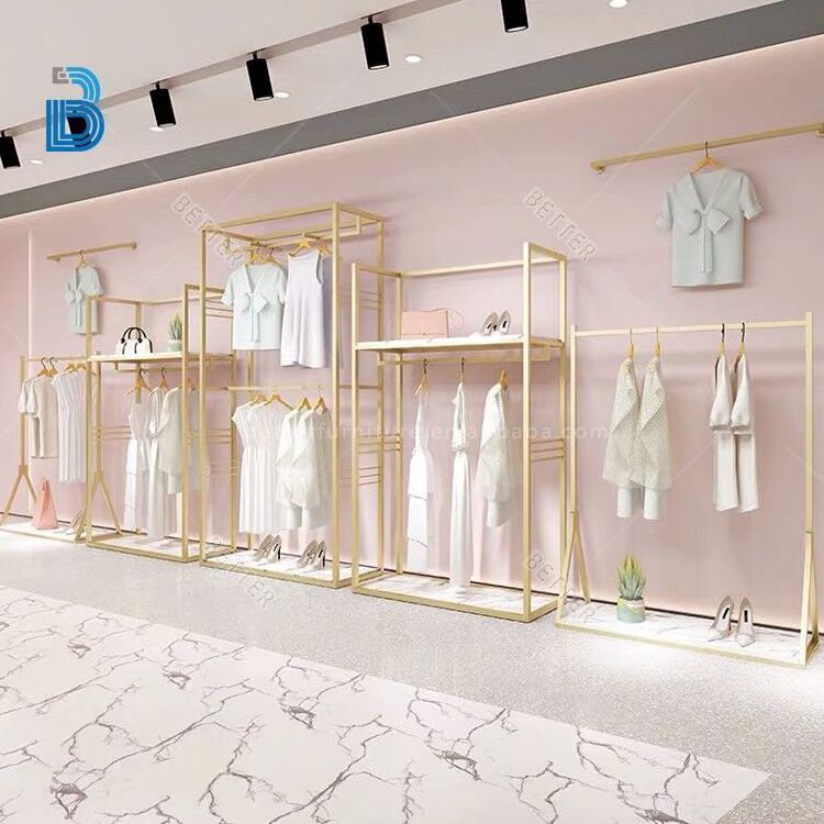 Gold metal clothing rack clothing shelf for clothing store display rack wholesale