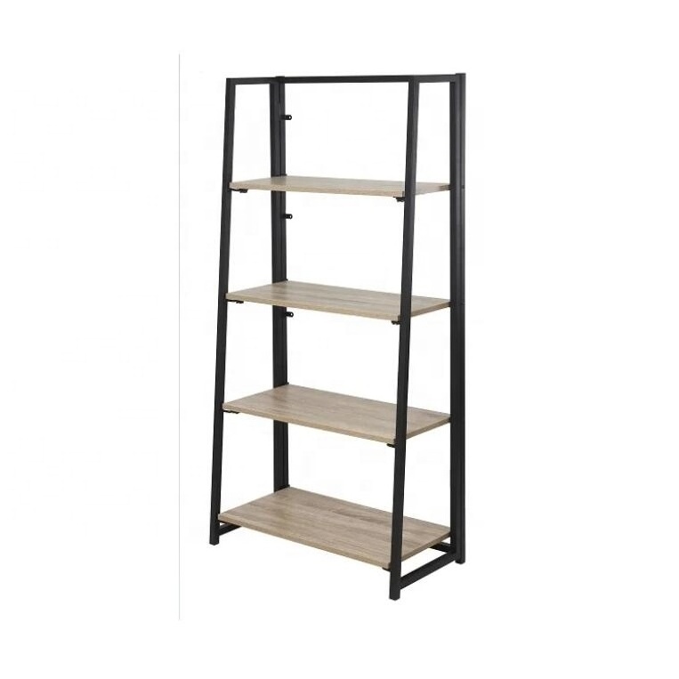 4 Tier Bookshelf Industrial Ladder Shelf Open Display Storage Rack Wood Bookcase with Metal Frame, Freestanding Storage Shelves