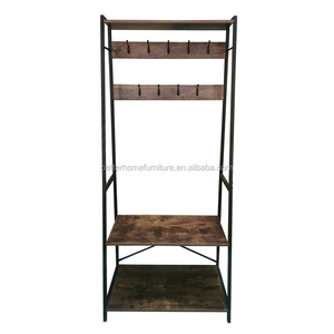 ZJH Hall Entrance Industrial Style Wood Clothes Hanger Stand Metal Wood Coat Rack with Shoe Bench