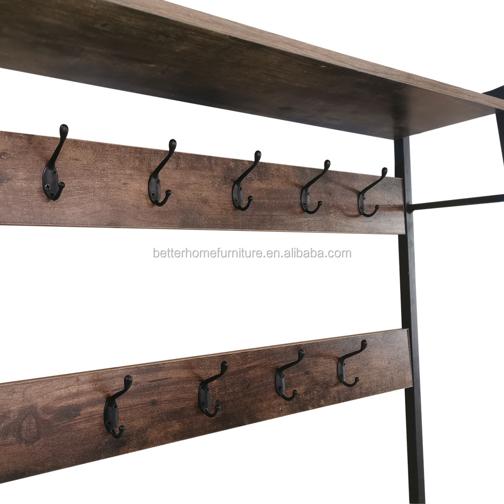 ZJH Hall Entrance Industrial Style Wood Clothes Hanger Stand Metal Wood Coat Rack with Shoe Bench