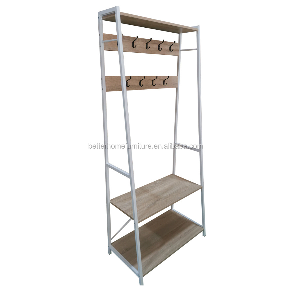 ZJH Hall Entrance Industrial Style Wood Clothes Hanger Stand Metal Wood Coat Rack with Shoe Bench