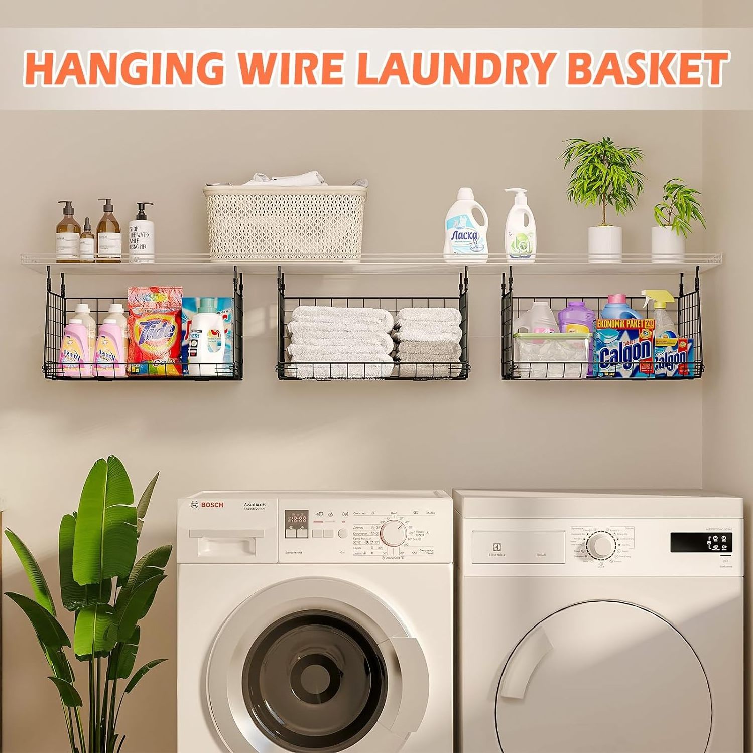 3-Tier Hanging Laundry Room Organizer Foldable Laundry Room Organizaton Wire Shelf Basket with 360 Rotating Hooks  Shelves