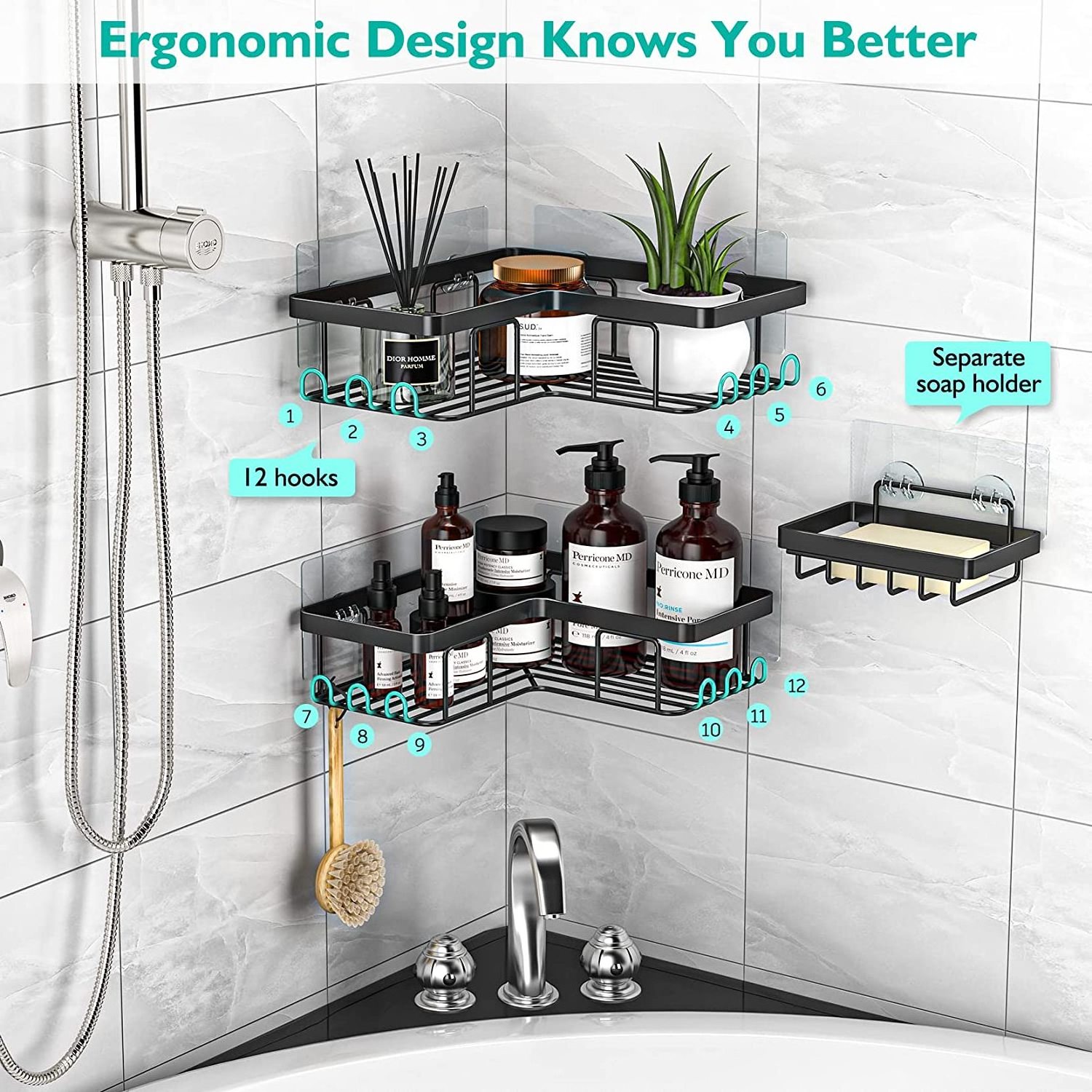 Rustproof Stainless Steel Bathroom Shower Organizer No Drilling Wall Mounted Shower Caddy Shelves