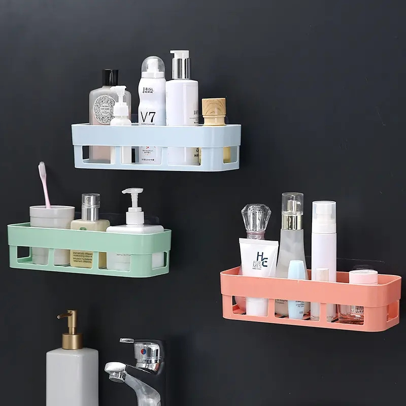 Bathroom Accessories Living Room Wall Mounted Suction Plastic Storage Rack Shelf Traceless Tape Plastic Bathroom Wall Shelf