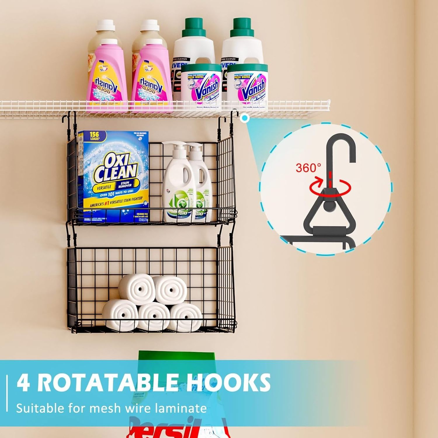 3-Tier Hanging Laundry Room Organizer Foldable Laundry Room Organizaton Wire Shelf Basket with 360 Rotating Hooks  Shelves