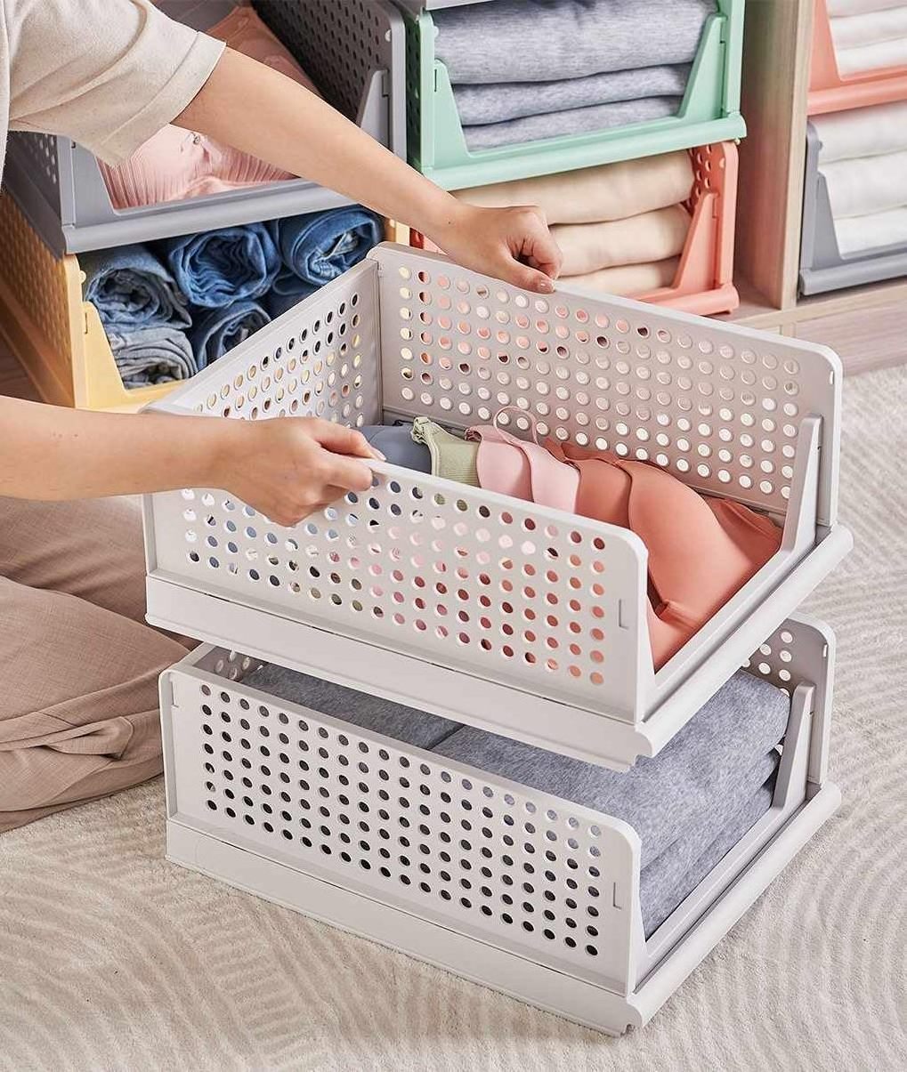 Stackable Foldable Wardrobe Storage Boxes Cabinet Organiser Drawers Plastic Storage Boxes for Home Bedroom Kitchen