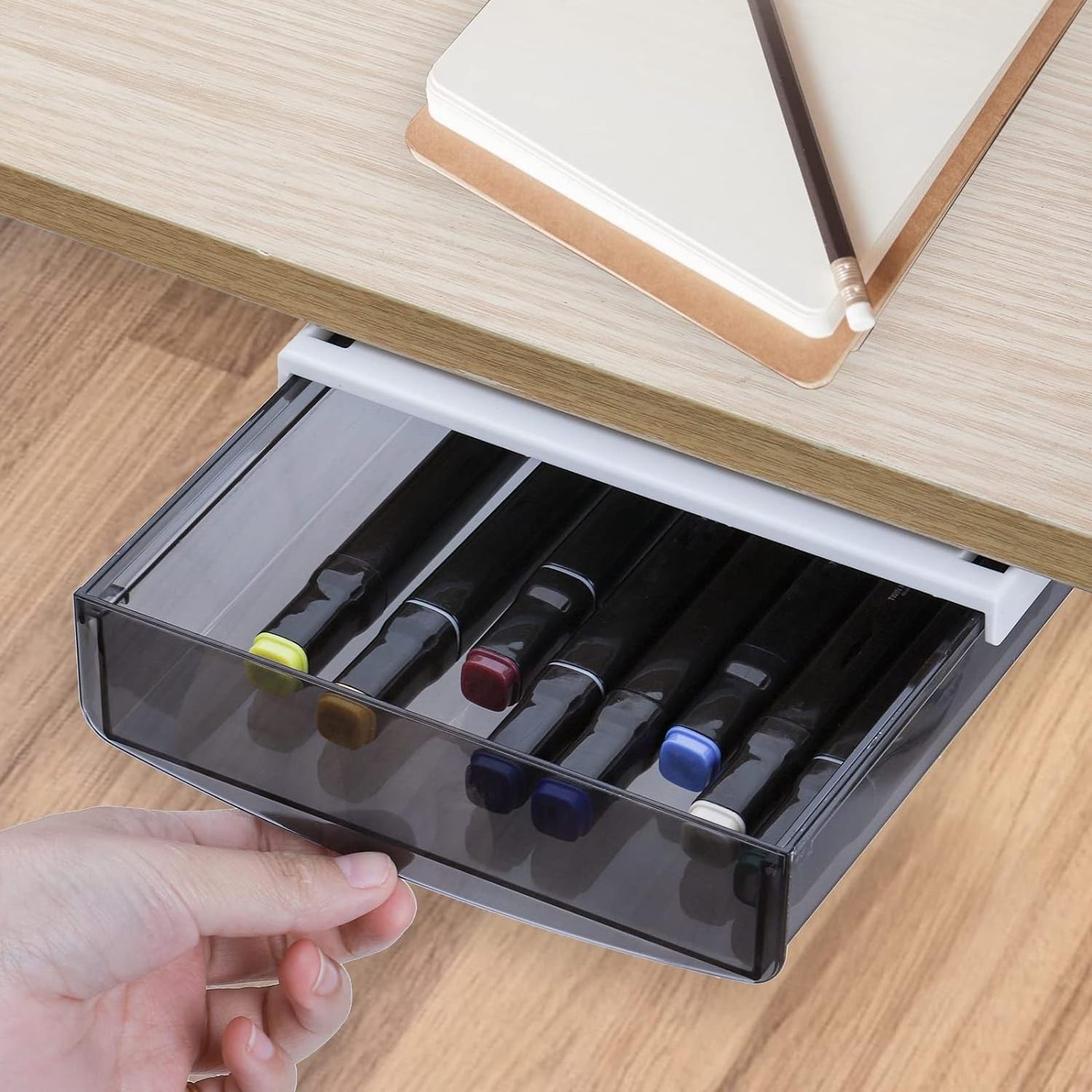 Under Desk Drawer, Self-Adhesive Slide Out Attachable Drawer Tray, Plastic Under Table Hidden Organizer