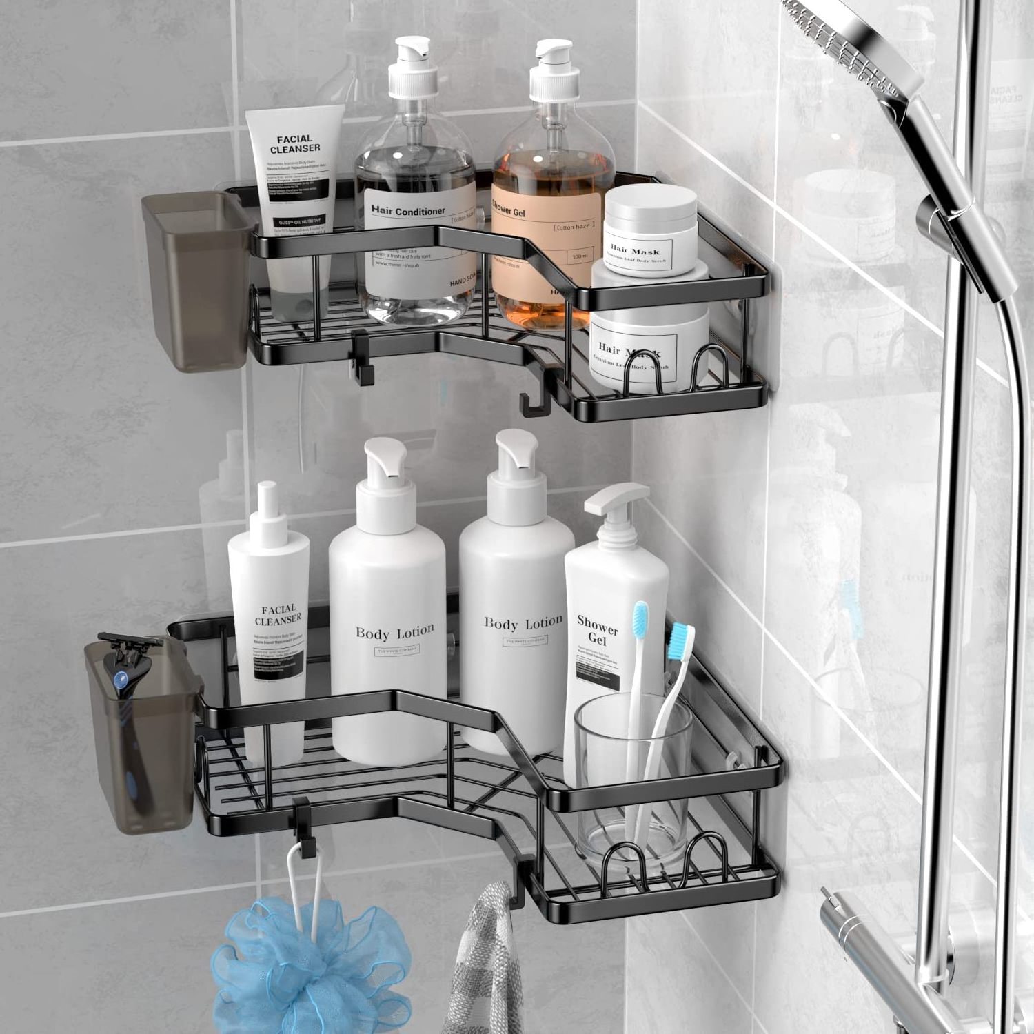 Adhesive Shower Corner Organizer Shelves  No Drilling Stainless Steel Shower Storage Rack with  Holder for Bathr