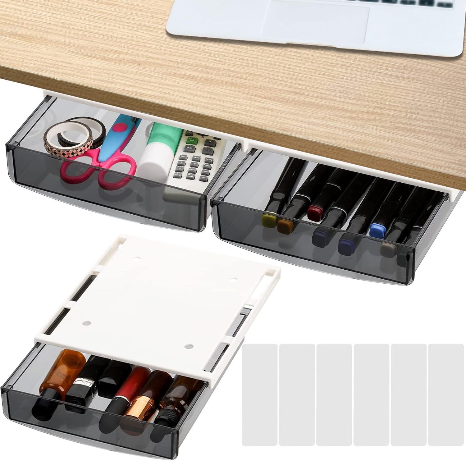 Under Desk Drawer, Self-Adhesive Slide Out Attachable Drawer Tray, Plastic Under Table Hidden Organizer