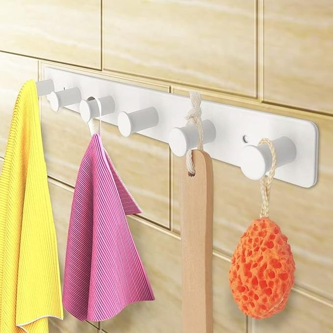 Stainless Steel Wall Mounted White Screw in Hanging Adhesive Wall Hooks Rack Rail with 6 Round Hangers