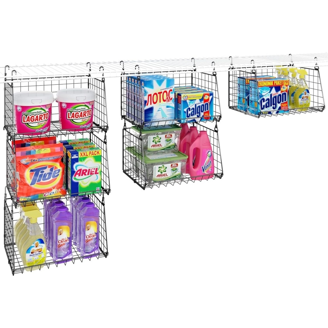 3-Tier Hanging Laundry Room Organizer Foldable Laundry Room Organizaton Wire Shelf Basket with 360 Rotating Hooks  Shelves