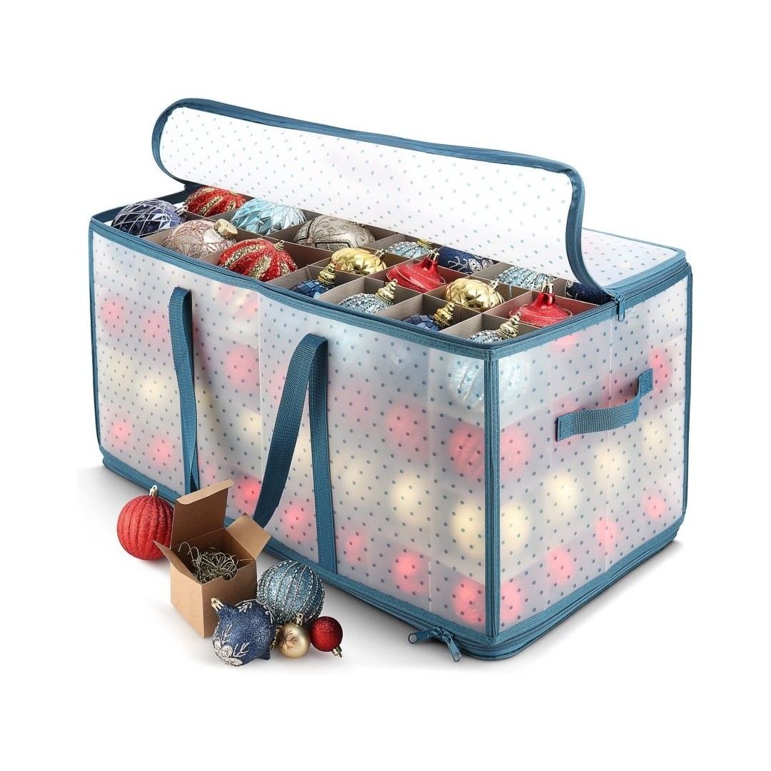 Large Christmas Ornament Storage Box with Adjustable Dividers Plastic Ornament Storage Container