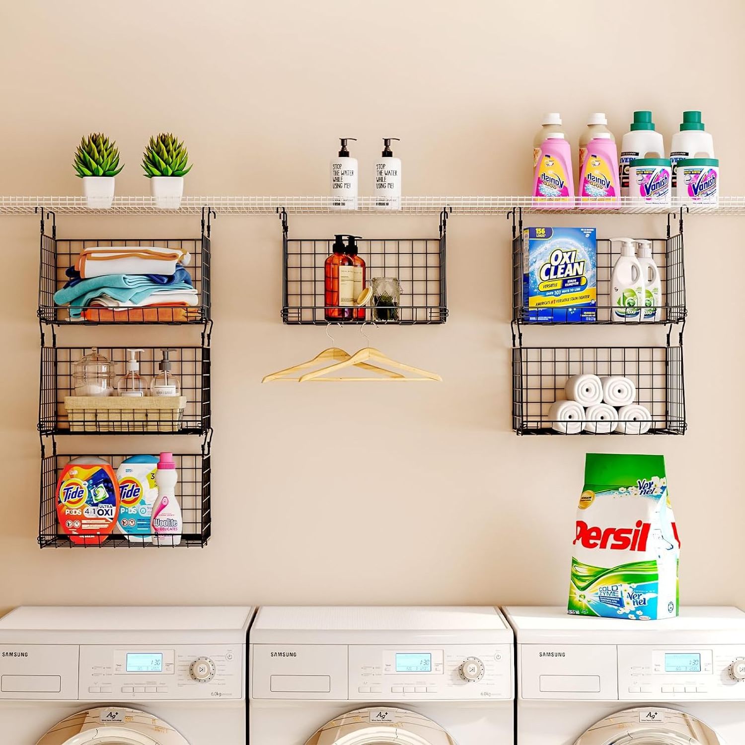 3-Tier Hanging Laundry Room Organizer Foldable Laundry Room Organizaton Wire Shelf Basket with 360 Rotating Hooks  Shelves