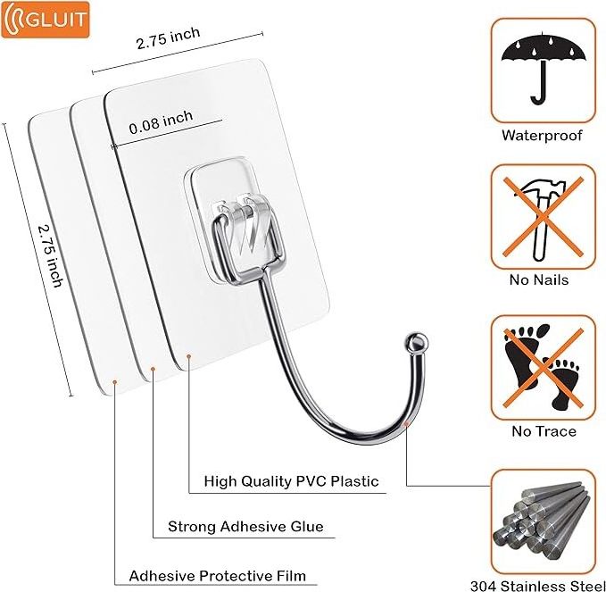 12 Pack Bathroom No Drilling Adhesive Large Hanging Heavy Duty 22 lbs Hooks for Walls