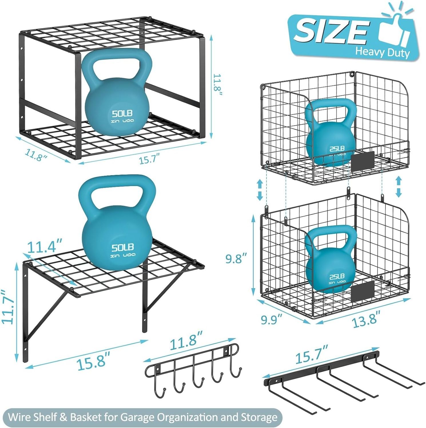 Garage Shelf Wall Mounted with Wire baskets, Heavy Duty Garage Wall Shelving with Garden Tool Rack and Hooks