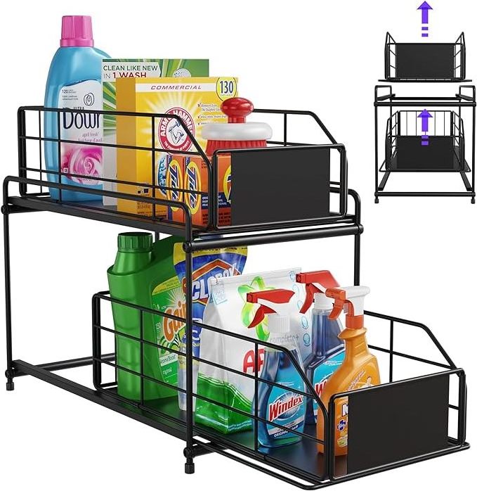 Kitchen 2 Tier Multi-Purpose Heavy Duty Pull Out Cleaning Supplies Under Sink Organizer