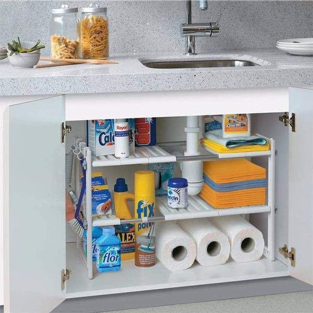 2 Tier Extendable Sink Shelf Adjustable Under Sink Rack