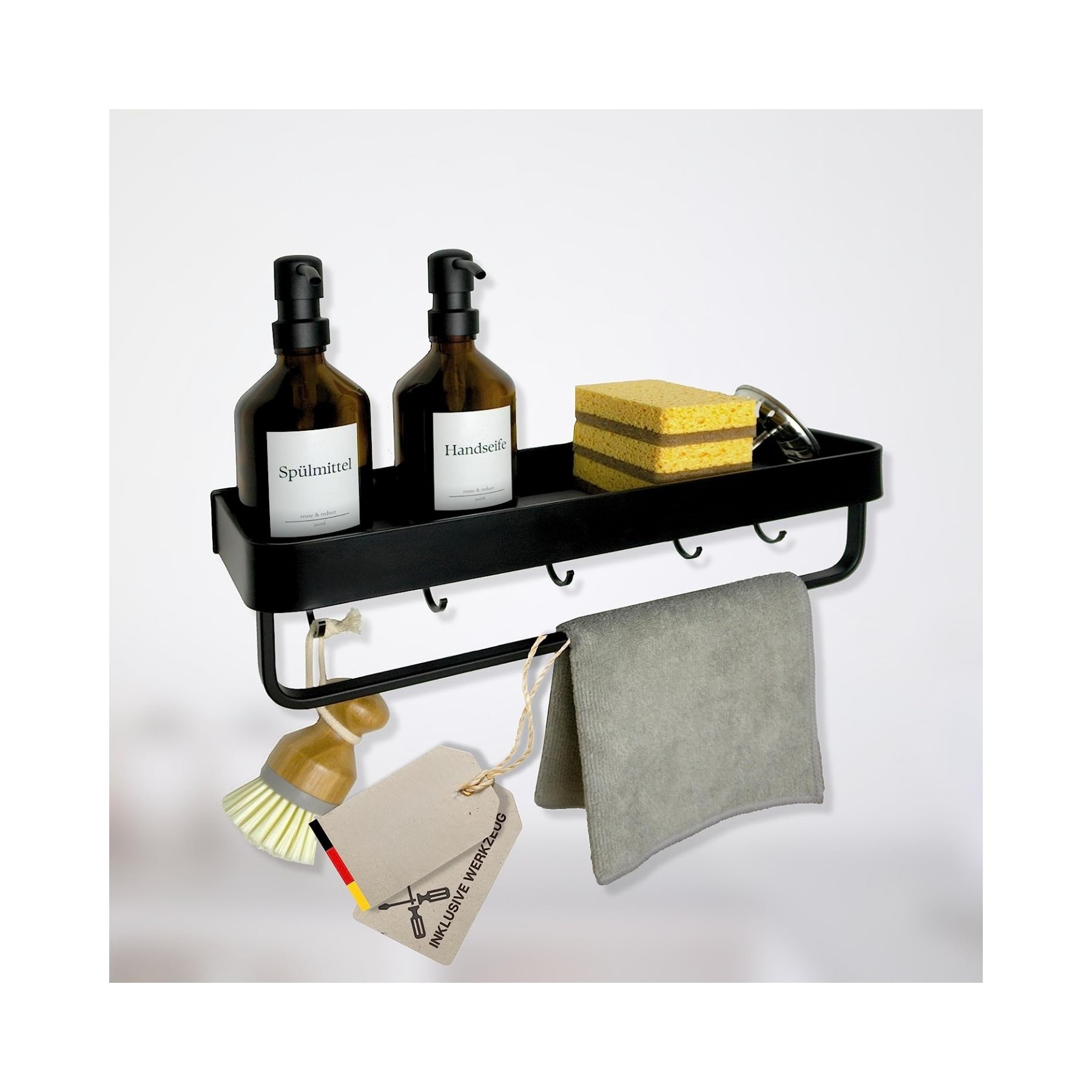 Black Matt Sink Shelf  for Gluing or Screwing  No Drilling  Aluminium Kitchen Shelf for Wall Mounting Hanging