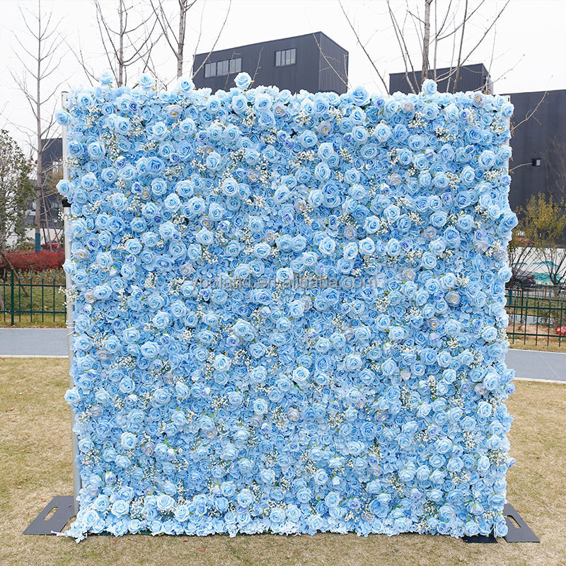 Light Blue Artificial Silk Roll-Up Floral Wedding Decor Flowers Walls Rose Flower Wall for Christmas Occasions