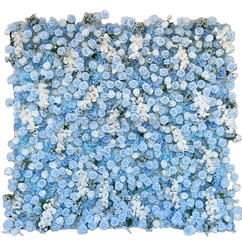 Light Blue Artificial Silk Roll-Up Floral Wedding Decor Flowers Walls Rose Flower Wall for Christmas Occasions