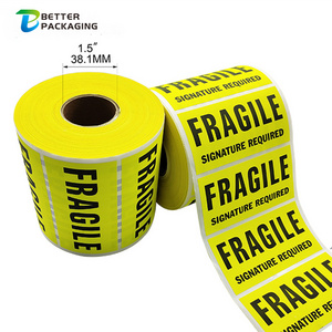 waterproof caution yellow fluorescent shipping label matte lamination paper adhesive warning fragile sticker roll for boxes