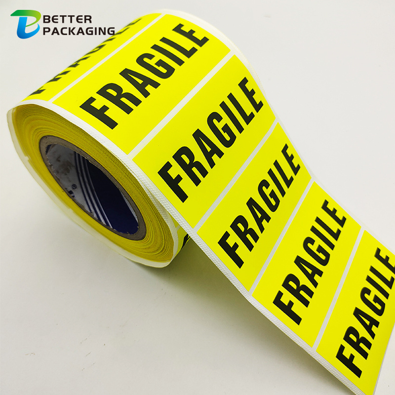 waterproof caution yellow fluorescent shipping label matte lamination paper adhesive warning fragile sticker roll for boxes