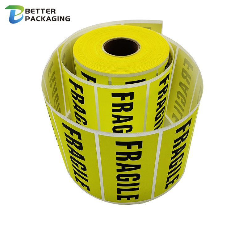 waterproof caution yellow fluorescent shipping label matte lamination paper adhesive warning fragile sticker roll for boxes