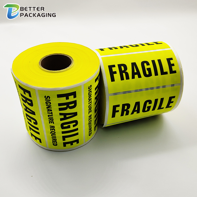 waterproof caution yellow fluorescent shipping label matte lamination paper adhesive warning fragile sticker roll for boxes