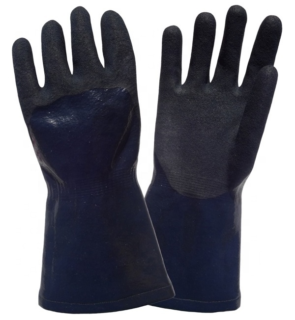 Long Cuff Blue PVC Rubber Fully Coated Chemical Resistant Work Glove