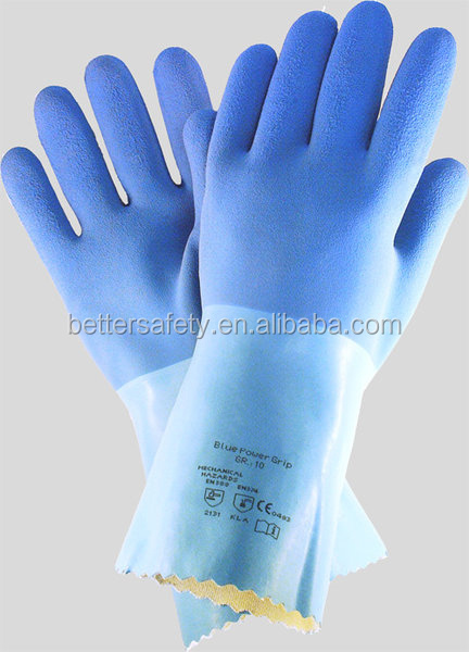 Long Cuff Blue PVC Rubber Fully Coated Chemical Resistant Work Glove