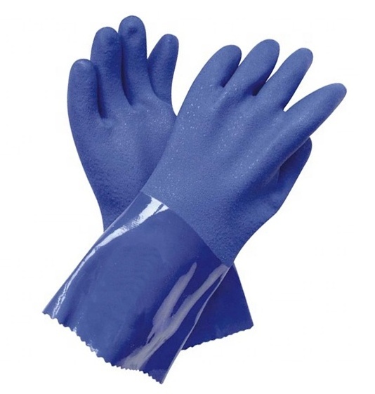 Long Cuff Blue PVC Rubber Fully Coated Chemical Resistant Work Glove