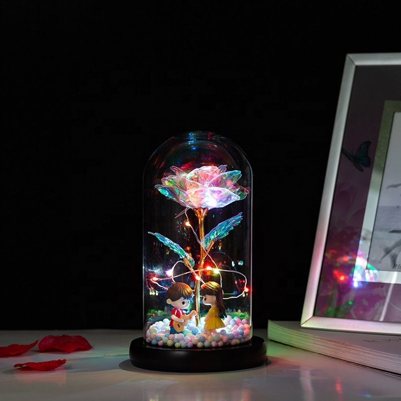 2024 China Romantic Table Lamp Small String Lights with Batteries Color Led Artificial Rose Flower Light Glass Dome Night Light