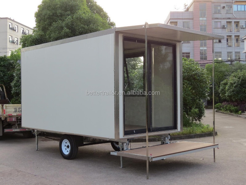 moving showroom mobile cabin on trailer wheels