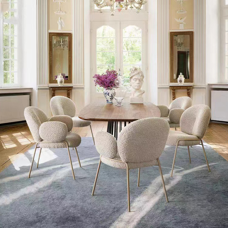 Dining Room Side Chair Modern Luxury Wholesale Nordic Kitchen Restaurant Arm Sillas Fabric Boucle Dining Chairs With Gold Legs